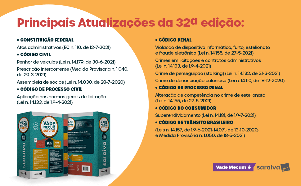 Livro Vade Mecum Tradicional 32ª edição - Saraiva Jur - Principais Atualizações